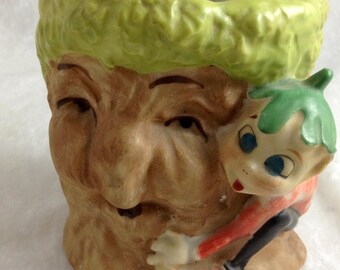 Pixie Garden Pot, Elf Stump Planter, Hand-Painted Ceramic Face Vase, 1950s Whimsical Decor