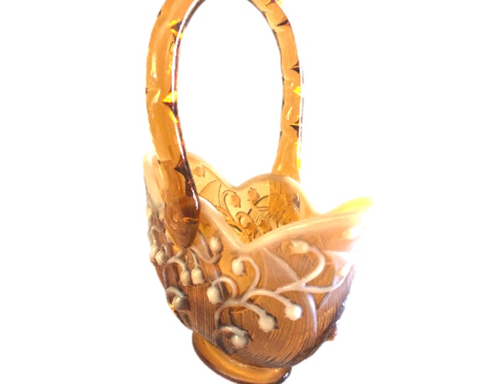 Fenton Art Glass Amber Cameo Basket Lily of the Valley