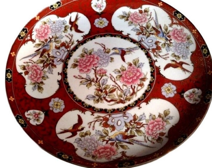 Japanese Oriental Garden Birds and Lotus Red Flower Porcelain Plate
