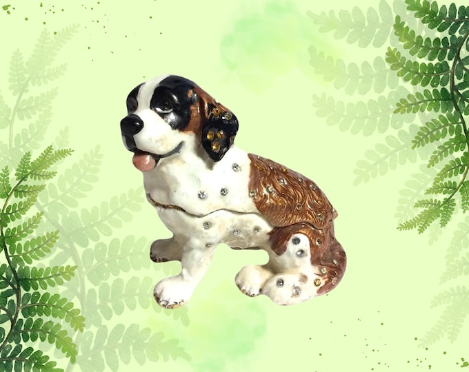 Saint Bernard Trinket Box | Bejeweled St Bernard | Enameled Rhinestone Gift For Dog Lover