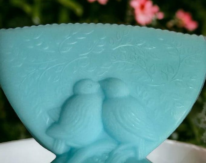 Vintage Fenton Blue Satin Glass Fan Vase with Embossed Love Birds | 1970s Collectible Decor