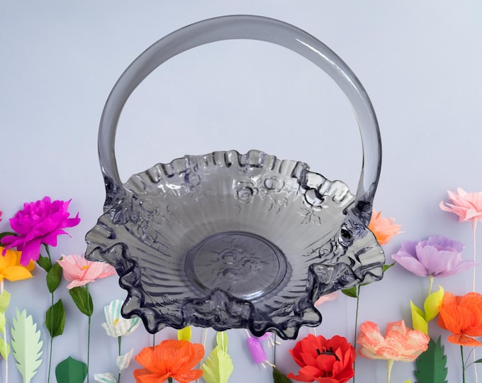 Vintage Fenton Lavender Glass Bride's Basket: Rose Pattern, Antique Decor