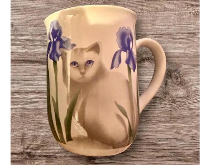Otagiri Bone China Mug White Cat with Blue Irises Made in Japan