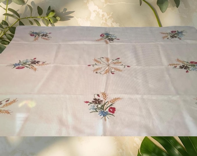 Homemade Table Cloth Hand Embroidered Floral Tablecloth 56 x 54 Inches Rectangular