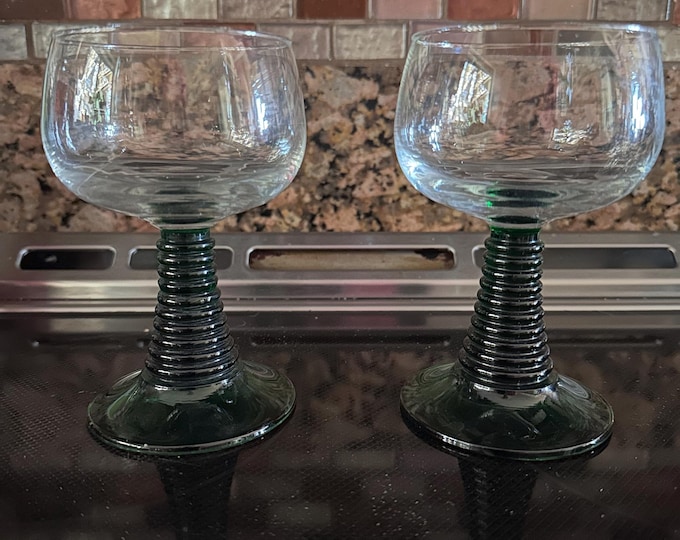 Green Colored Glassware Ribbed Stem Water Goblets by Roemer, Elegant Hand-Blown Glassware,