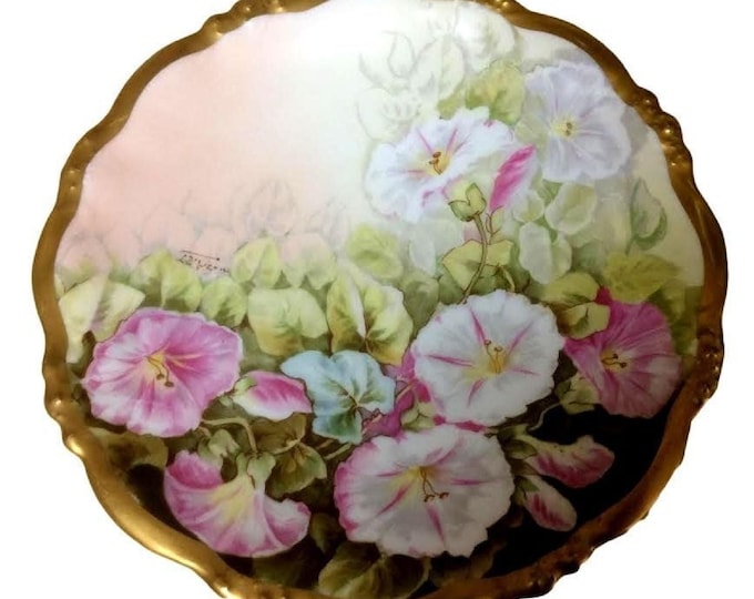 Limoges China Plate, Morning Glories, Heavy Gold Trim, Antique Signed