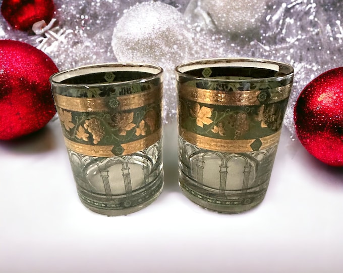 Vintage Cera Glass Bar Glasses: Golden Grapes Mid-Century Drinkware Set Old Fashioned Tumblers