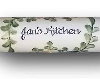 Floral Rolling Pin, Blue Stoneware, Country Flower, Kitchen Decor