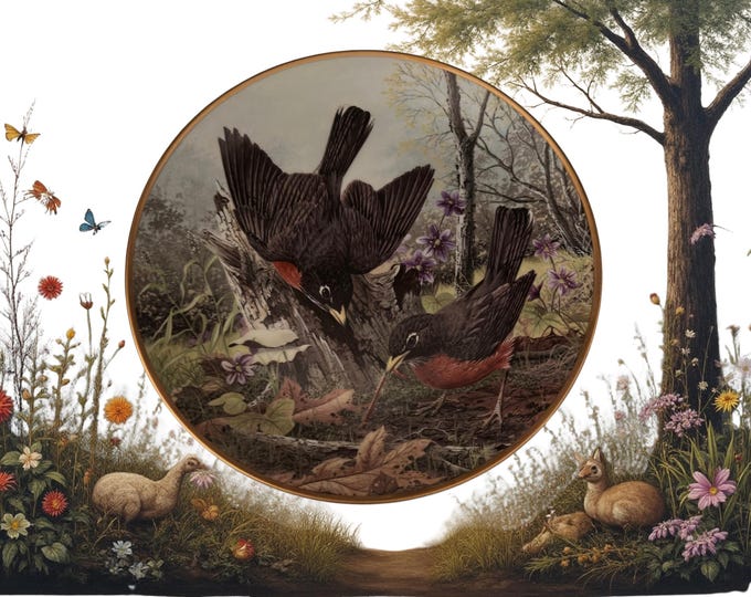ROBINS Hunting For Food Vintage Porcelain Bird Collector Plate A. J. Rudisill National Audubon Society