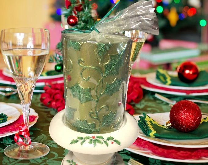 Lenox Christmas Holly China Candle Holder: Holiday Pillar Decor