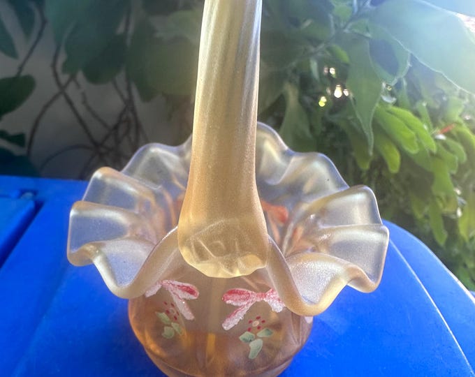 Vintage Fenton Satin Glass Mini Basket: Hand-Painted Flowers & Bows