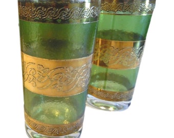 MCM Green & Gold Highball Glasses - Set of 4 - Vintage Barware