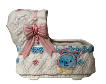 Mid Century Ceramic Baby Cradle Music Box Planter