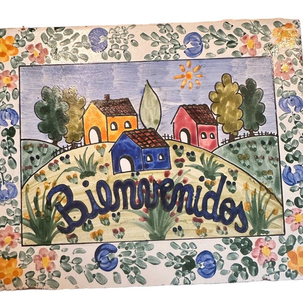 Vintage Housewarming Gift Ceramic Art Tile | Bienvenidos | Welcome Tile | 8 x 6.5 Inches
