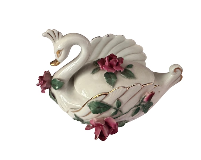 Lefton White Swan Decorative Floral Dresser Dish