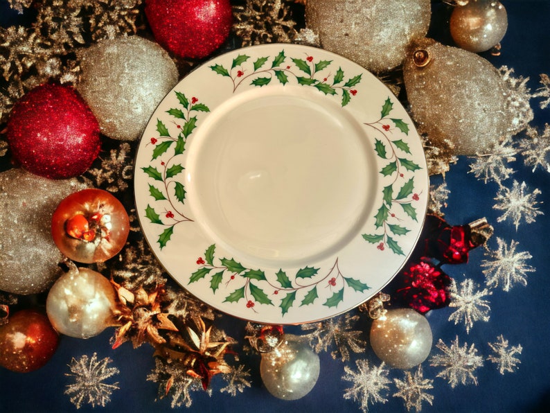 Lenox China Large Christmas Dimensions Ivory Porcelain Cookie Plate Holly and Red Berries image 1