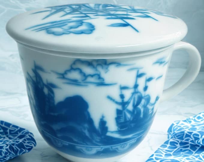 Jingdezhen Porcelain Covered Tea Cup Mug with Removable Tea Infuser Japanese Sailing Ships