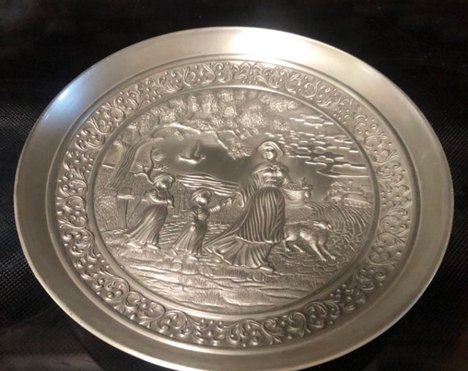 Vintage Pewter Wall Plate: High Relief Mother and Children Decor