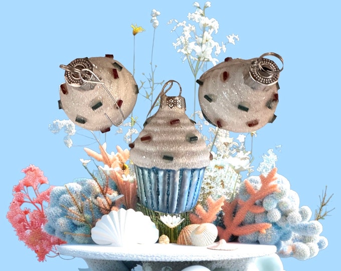 Vintage Christmas Cupcake Ornaments: Blue White Glass with Candy Decorative Sprinkles, Set of 3