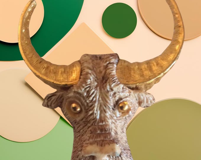 Razza Bull BroochTaurus Zodiac Pin Animal Jewelry with Gold-Tone Horns and Eyes