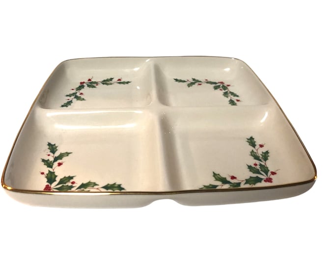 Lenox Holiday China Porcelain Square Divided 4 Compartment Serving Dish: Holly Berry Christmas Decor