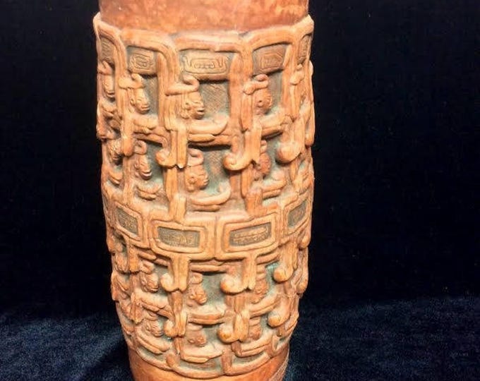 Rustic Man Cave Pottery Vase, Mid Century Aztec Style