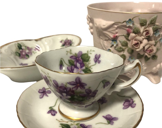 Set of 3 Vintage Floral Home Decor Treasures | Demitasse Cup Saucer | Bisque Lefton Planter | Dresser Dish