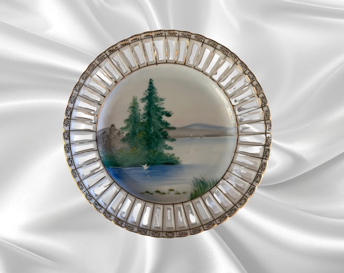 Ucago Hand Painted Plate Reticulated Decorative Lake And Pine Trees Design