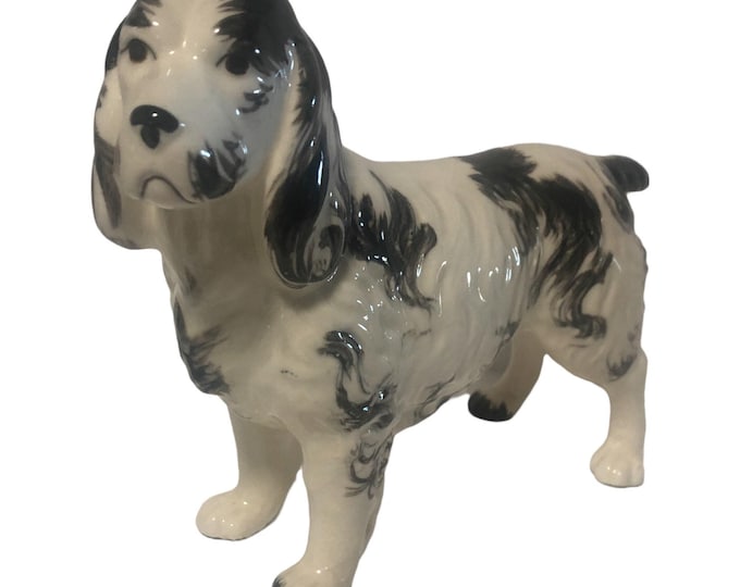 Vintage Ceramic English Spaniel Figurine: Black & White Dog Statue, Japan