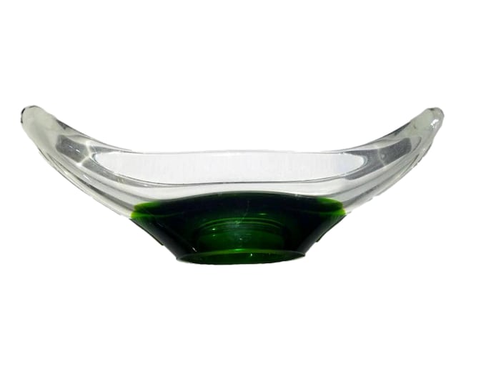 Mid Century Green Art Glass Bowl: Free-Form Boat-Shaped Centerpiece