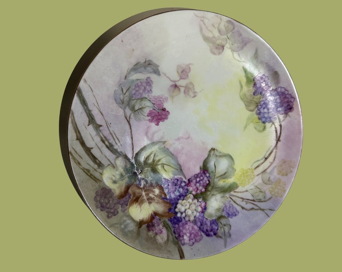 Hand Painted Weimar Porcelain Plate: Purple Grapes Design, Gold Rim