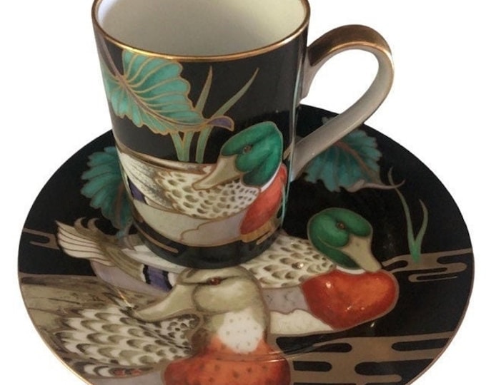 Mallard Pond Fitz And Floyd Mug, Retro Coffee Cup, Gold Rim