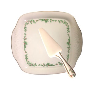 Lenox Holiday China Square Cake Plate | Handled Holiday Dessert Plate & Cake Server Set - Elegant Serving Platters for Sweet Treats