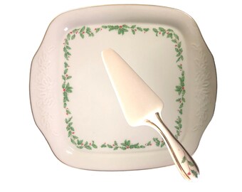 Lenox China Dimensions Square Handled Holiday Cake Plate with Cake Server