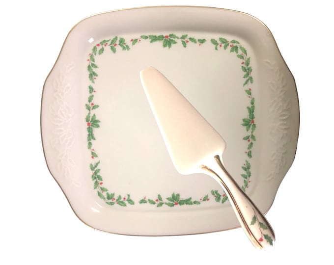 Lenox Holiday China Cake Plate & Server Set, Embossed Holly Berry Square Christmas Dessert Plate, Holiday Cake Serving Dish