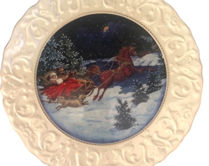 Vintage Lenox Christmas Charger Plate: Midnight Sleigh Ride, Embossed Ivory Porcelain