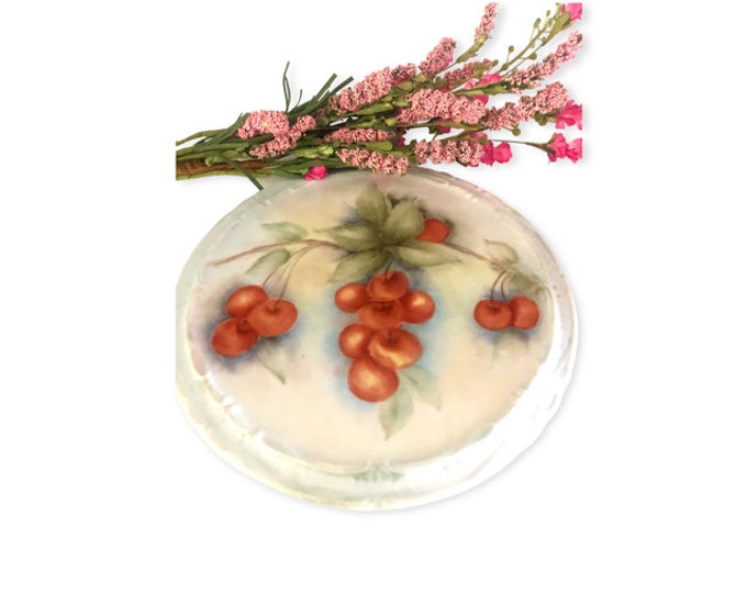Vintage Hand Painted Cherry Porcelain Trivet: Farmhouse Decor