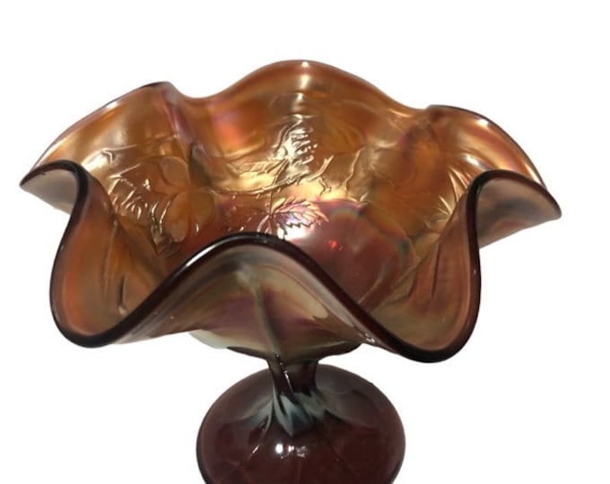 Vintage Fenton Carnival Glass Compote or Pedestal Dish Wreath of Roses Amber Marigold