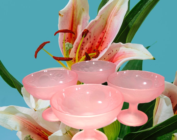 Frosted Pink Pressed Glass Goblets | Footed Stemware Dessert Bowls | Set of 4