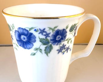 Royal Albert Meadowcroft Coffee Cup: Fine Bone China, Blue Floral, Gold Trim