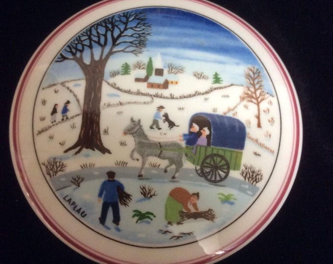 Vintage Christmas Naif Porcelain Trinket Box, German Winter Scene Jewelry Dish