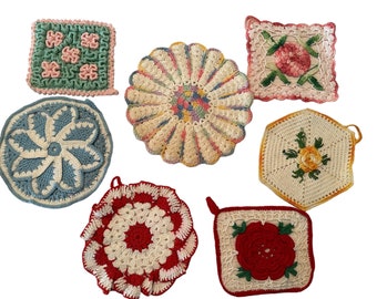 Vintage Hand Crocheted Potholders | Cottage Kitchen Pot Holders