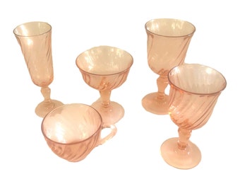 Arcoroc Pink Swirl Optic Goblets Stemware | Vintage Glassware