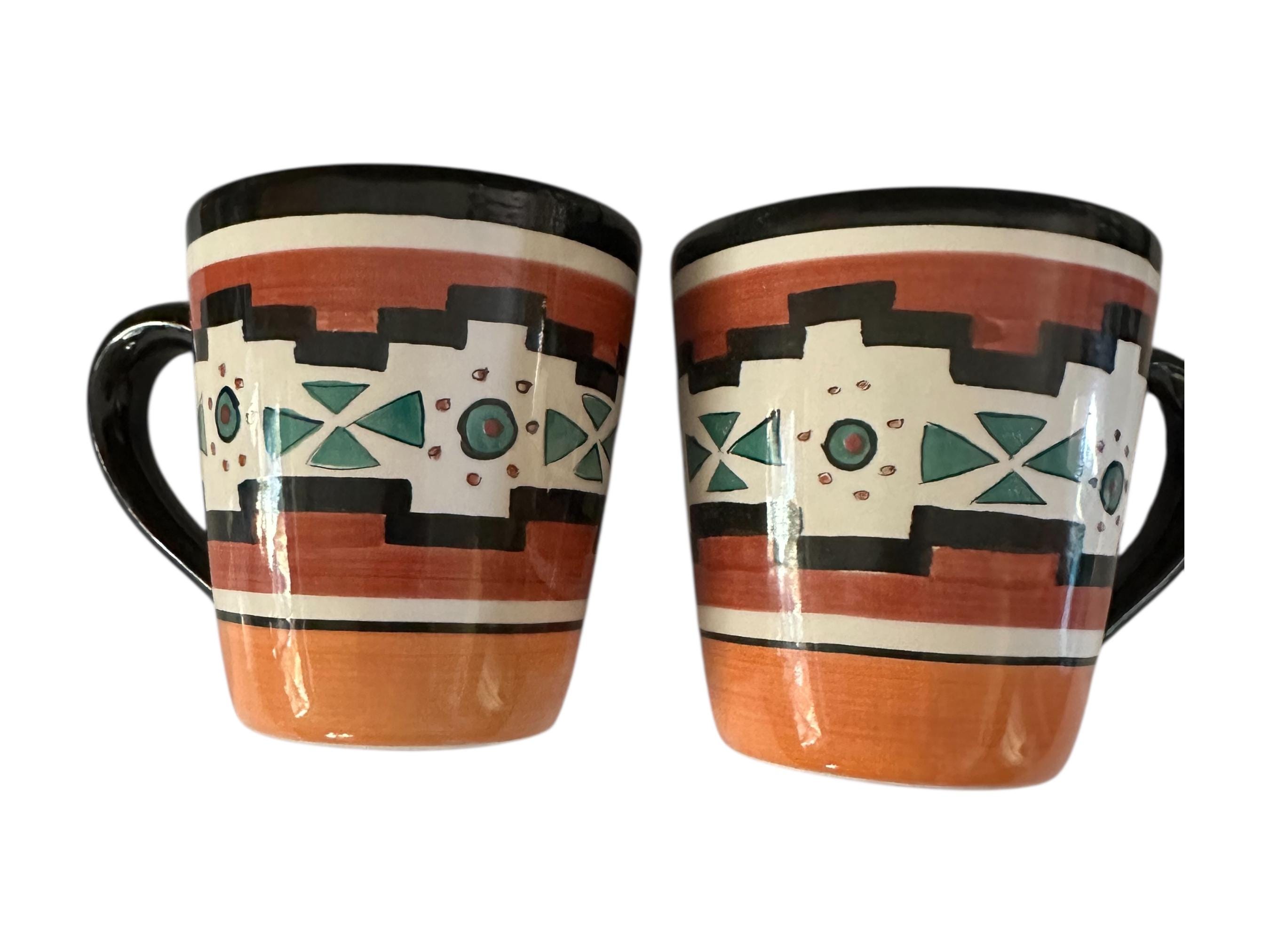 Hand-Painted Santa Fe Ceramic Coffee Mug Set - Southwestern Style, Set of 2