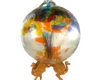 Hand Blown Glass Witch Ball: Suncatcher Ornament with Ostrich Stand