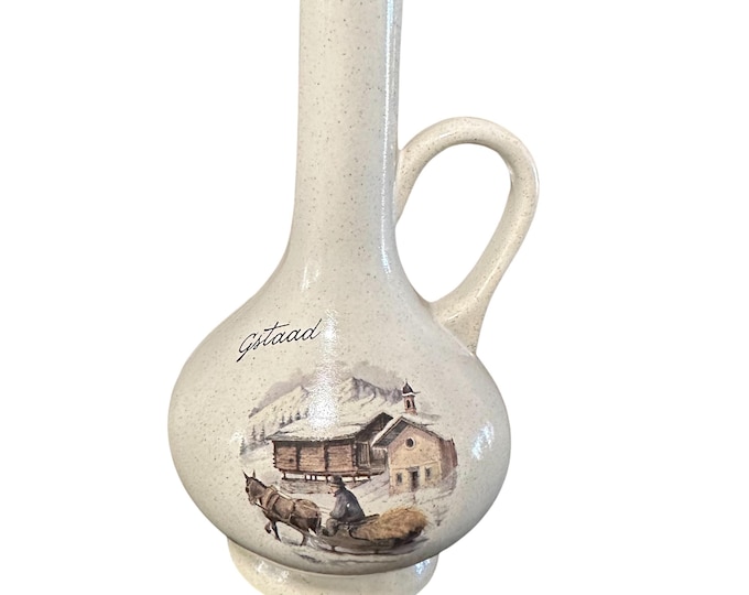 Gstaad Switzerland Decorative Stoneware Pitcher Mule Drawn Cart and Farmer in Snowy Cabin Scene