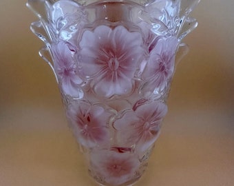 Crystal Vase with Pink Pansy Floral Design, Vintage Art Deco Glass Flower Vase, Mikasa Studio Nova Germany, Decorative Flower Holder