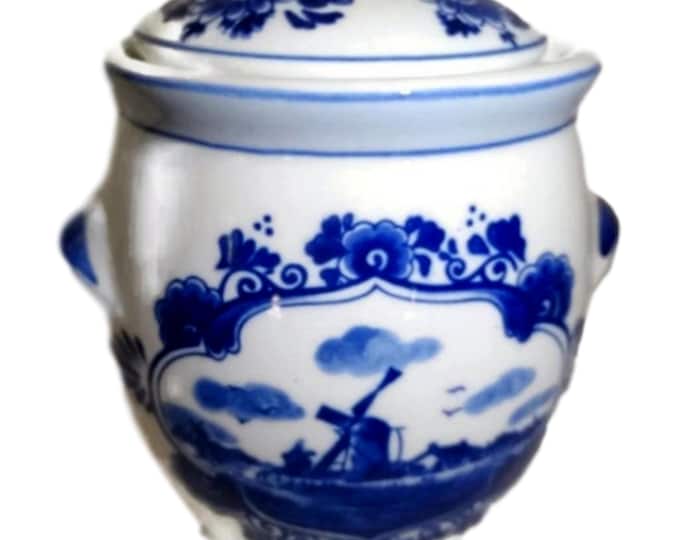 Vintage Delft Blue Pottery Mustard Jar: Dutch Windmill Design