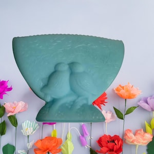 Vintage Fenton Glass Blue Satin Fan Vase with Blue Birds | Embossed Home Decor Collectible