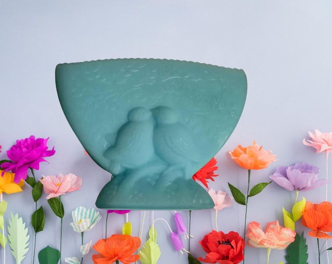Vintage Fenton Blue Satin Glass Fan Vase: Embossed Blue Love Birds, 1970s Collectible